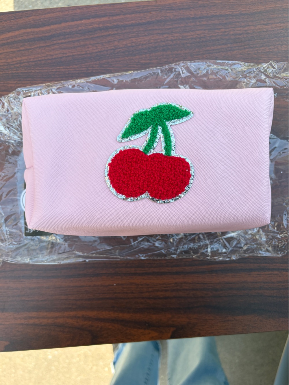 Gina Concepts Pink Cherry Cosmetic Makeup Bag Chenille Patch Bonus Comb NWT